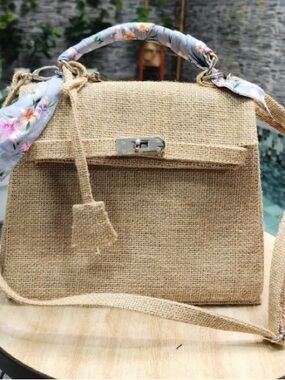 Kelly Style Satchel Top Handle / Crossbody Bag - Natural Jute/Burlap - 25cm